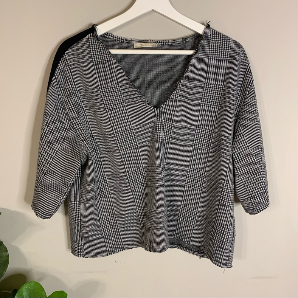 Zara Black and White Plaid V-Neck Top